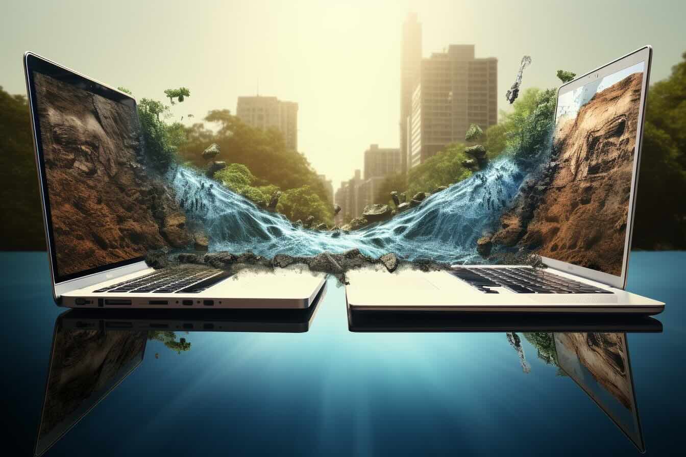 Two computers in nature merging together