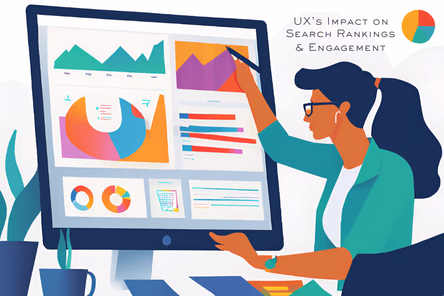 a woman analyzing charts and graphs on a large screen, representing UX’s impact on search rankings and engagement.