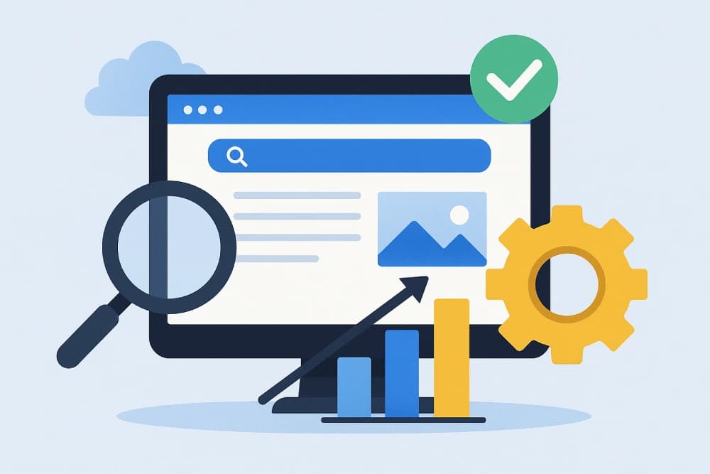 SEO audit illustration with computer and magnifying glass