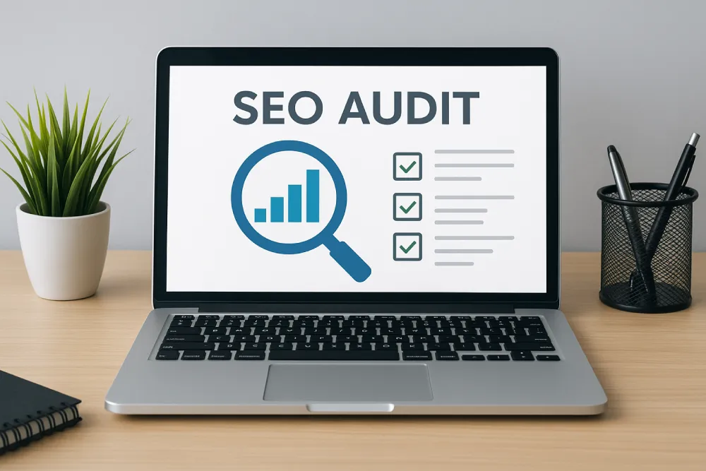 Modern digital workspace showing SEO audit tools and website analytics