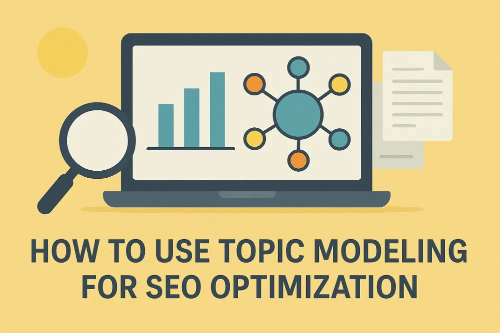 Illustration of topic modeling and SEO optimization process with laptop and data visualization.
