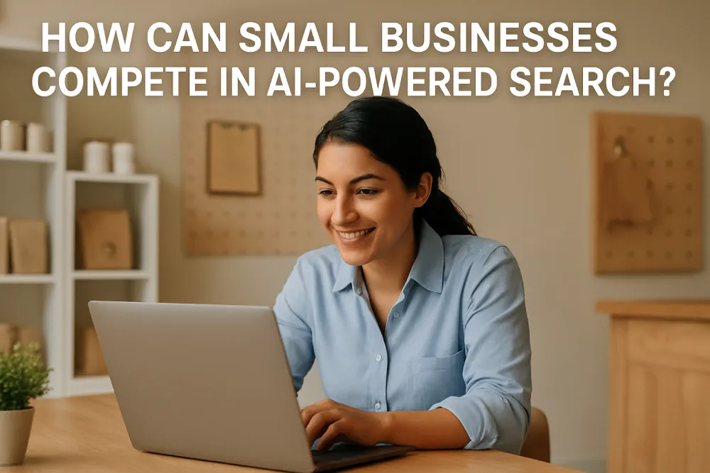 Small business owner working on a laptop to adapt to AI-powered search strategies.