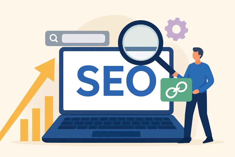 Illustration of DIY SEO for small businesses with laptop, magnifying glass, and upward arrow representing website ranking growth.