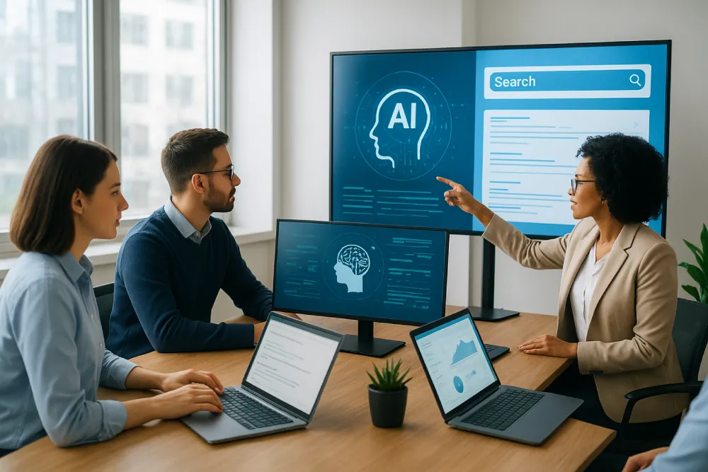 Digital marketers using AI-powered search analytics tools for future SEO strategies.