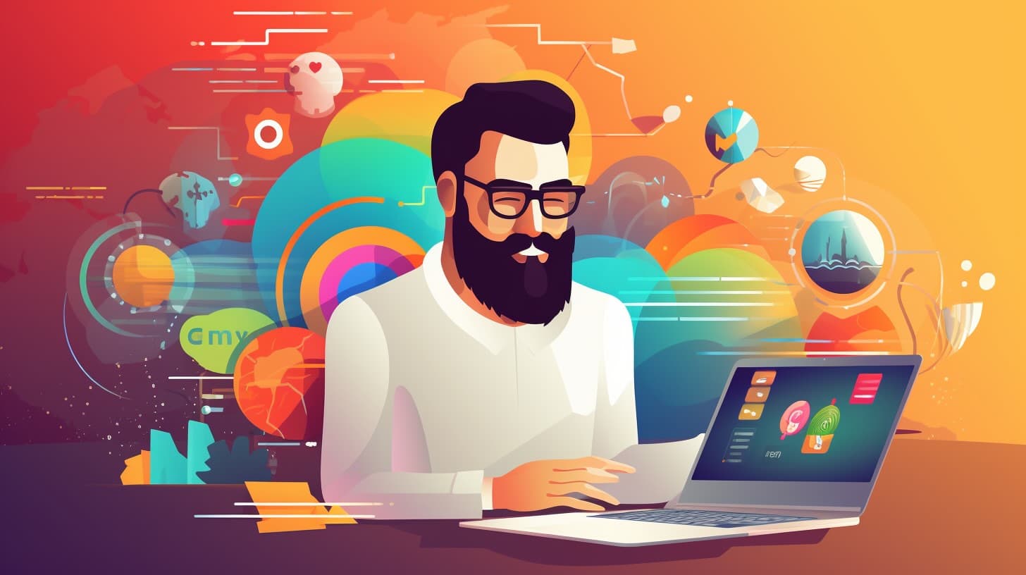 Cartoon man with computer