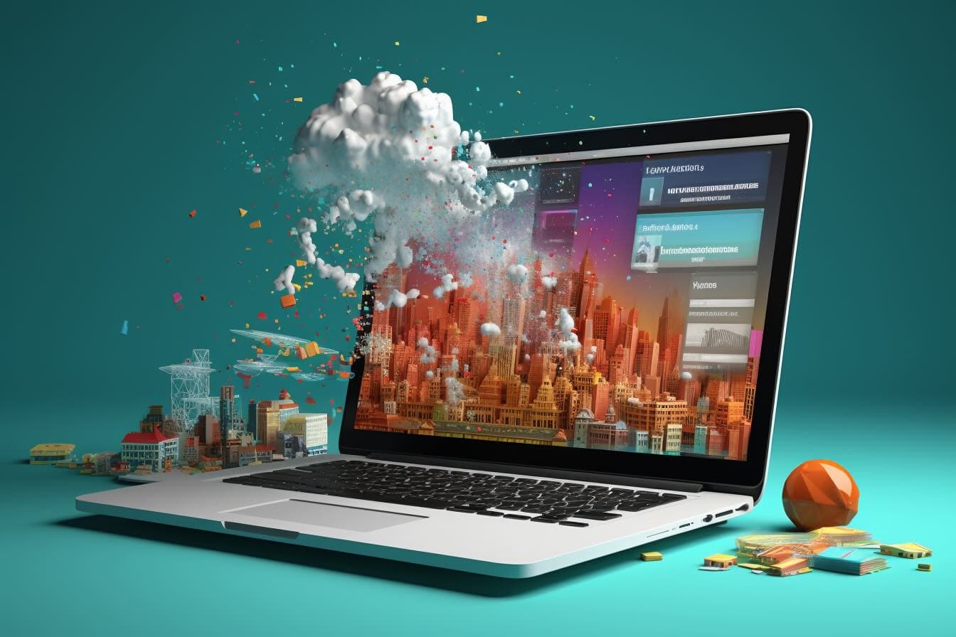 Computer with clouds coming from screen