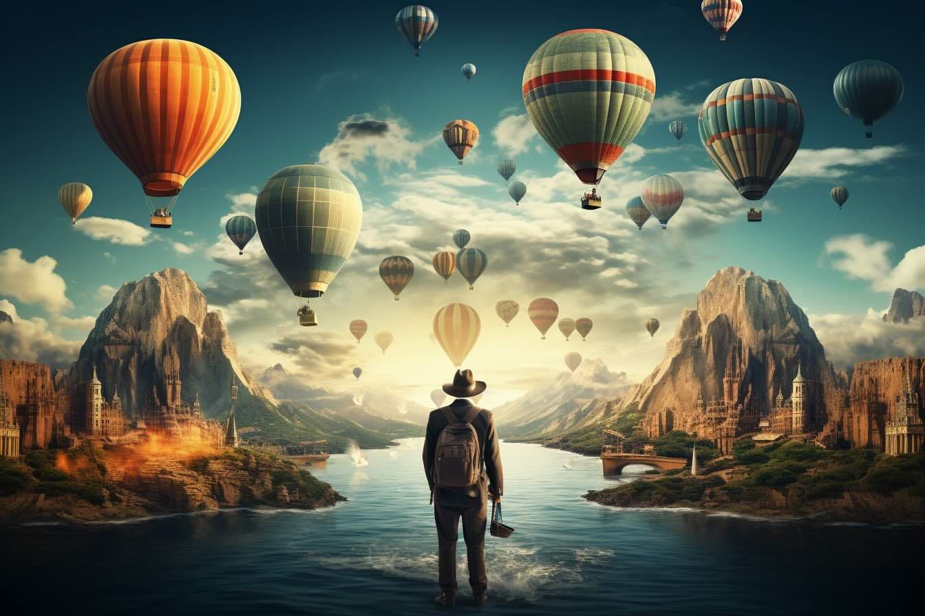 Man in nature with hot air baloons in background