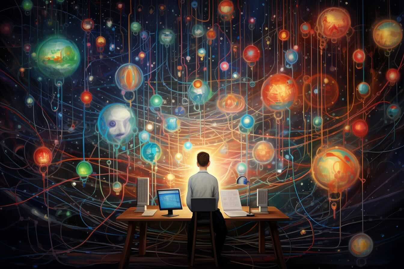 Man staring at cartoon planets